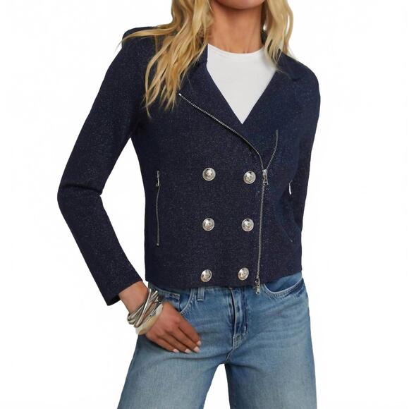 NEW L'AGENCE chia metallic knit biker jacket in midnight/ nickel